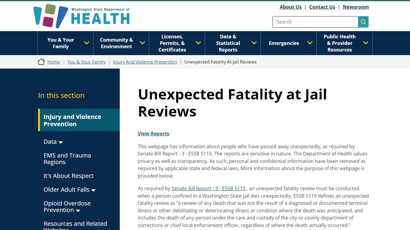 Unexpected Fatality at Jail Reviews - Washington State Department of Health